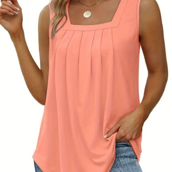 Plus Size Flattering Pleeted Tank Top in Peach with Square Neck Design Medium St - Picture 1 of 2